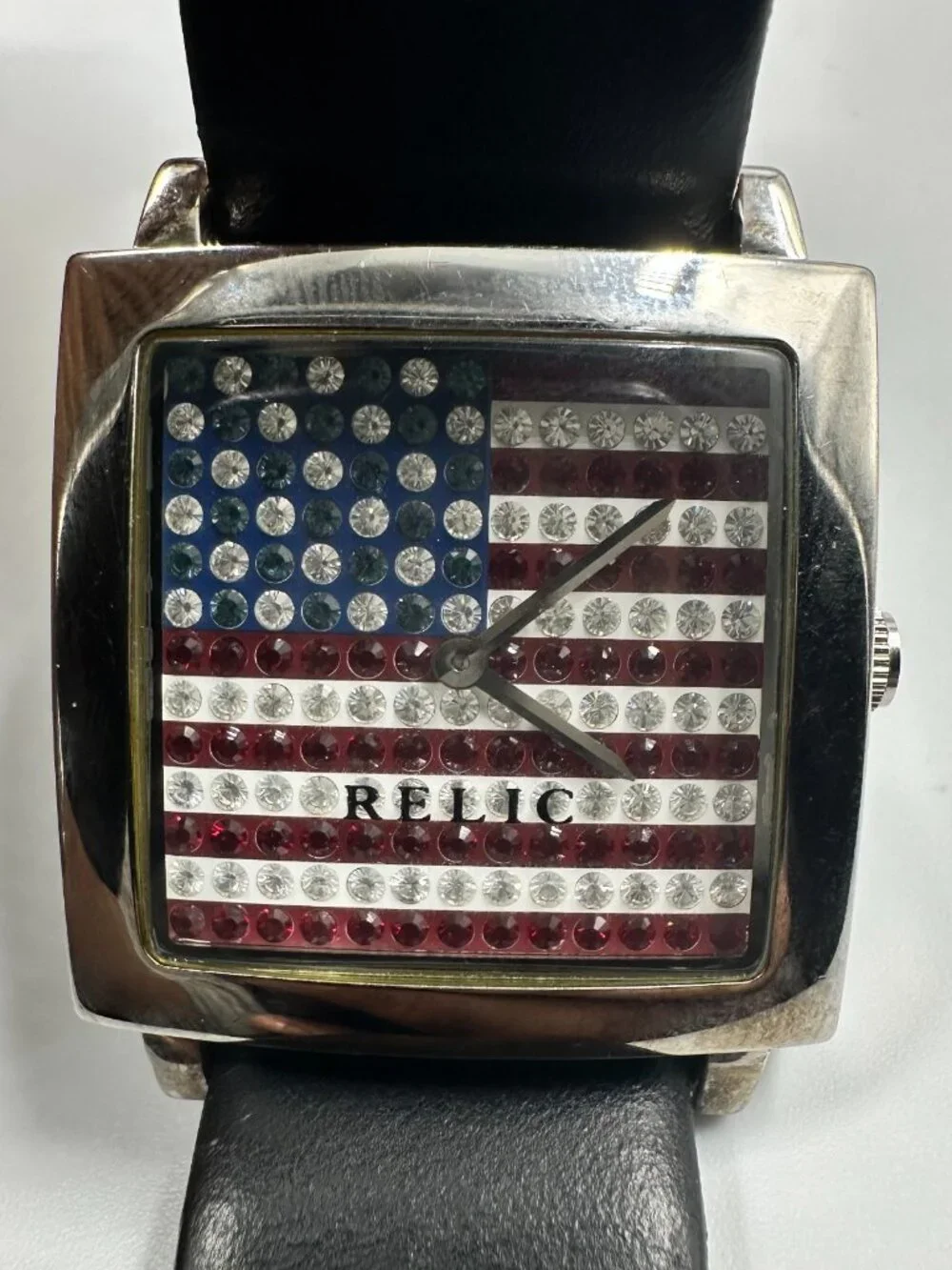 Relic Watch Women Silver Tone Rhinestone American Flag Dial New Battery 9 Inch